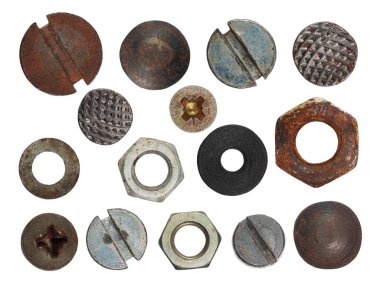 set macro screw heads, bolts, steel nuts, old metal nail, isolated on white background