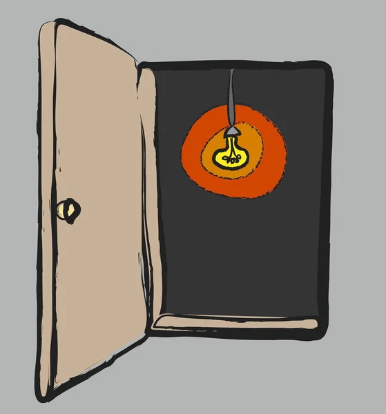 Doodle wood door and light bulb in dark — Zdjęcie stockowe