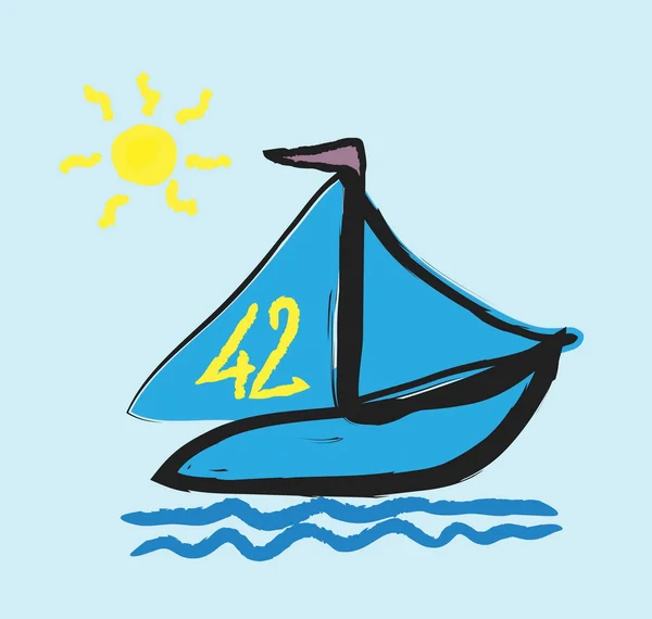 Doodle vereenvoudigde zeilboot op golven — Stockfoto