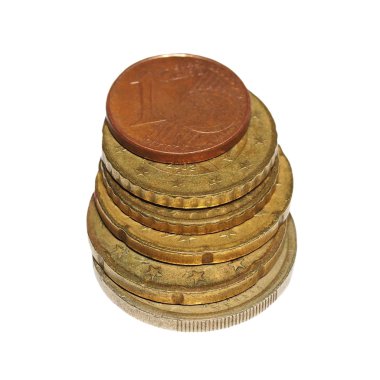 Eski beyaz arka plan üzerinde izole euro para kazık