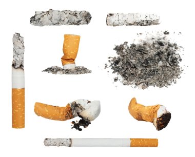 Set Cigarette butts and ashes from tobacco isolated on white background clipart