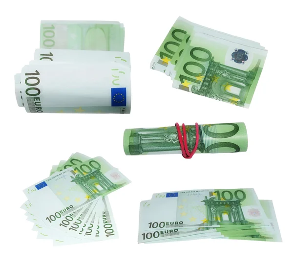Bankbiljet van 100 honderd euro isolatie instellen op witte achtergrond, met uitknippad — Stockfoto