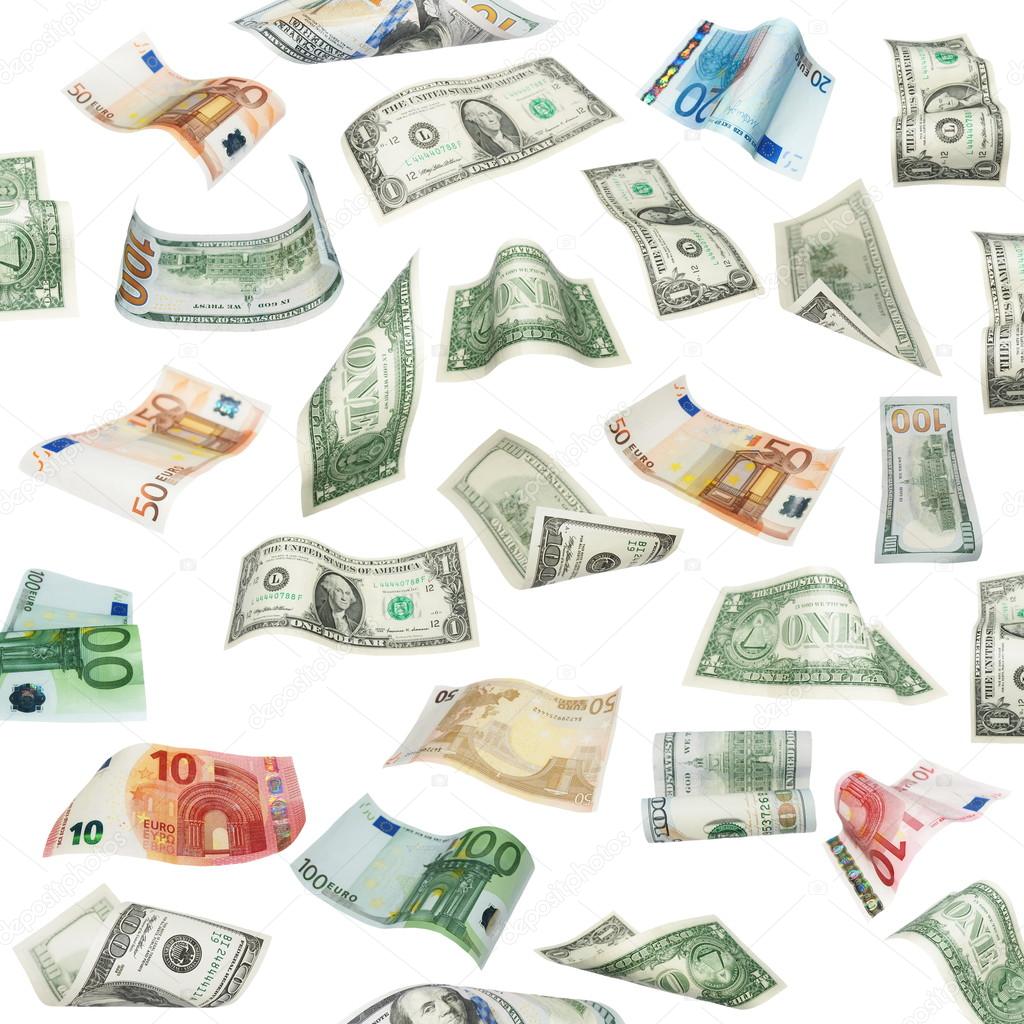 Set of flying dollars and euro banknotes isolated on white background, with clipping path, (high resolution)