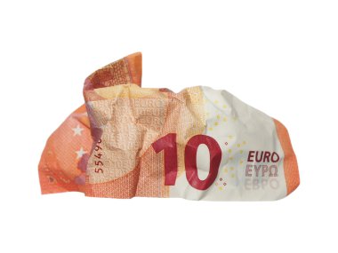 Beyaz üzerinde buruşuk banknot 10 on Euro yalıtım
