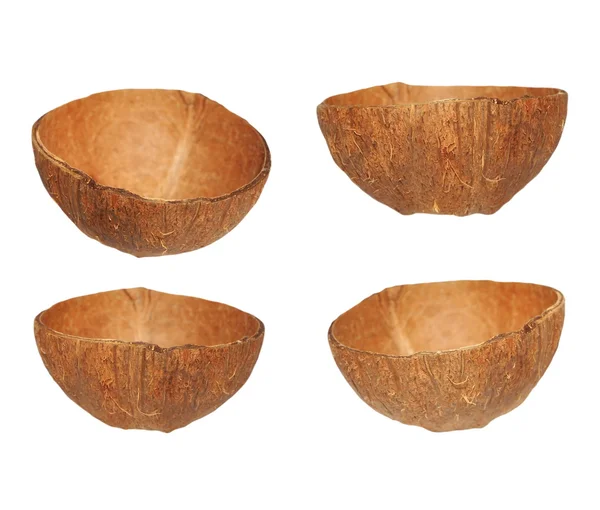 Conjunto de cáscara de fruta de coco cortado a la mitad aislado sobre fondo blanco, elemento de diseño con ruta de recorte — Foto de Stock