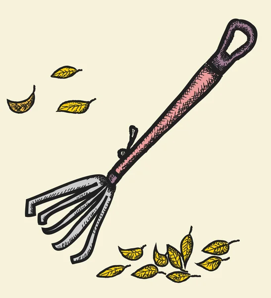 Rastrillo y hojas de otoño, ilustración garabato —  Fotos de Stock