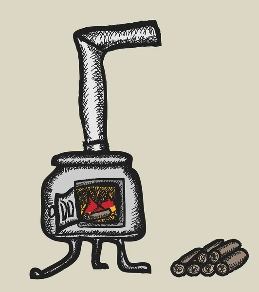 炉子和木柴，涂鸦插图 — 图库照片