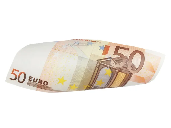 Létající 50 euro účet ve tvaru vlny, izolované s ořezovou cestou — Stock fotografie