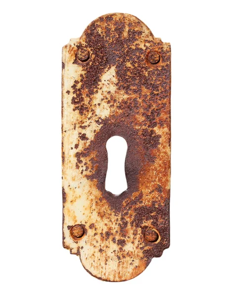 Viejo agujero de cerradura oxidado, aislado sobre fondo blanco, con camino de recorte — Foto de Stock