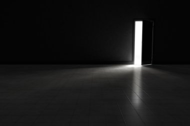 Açık kapı içinde parlayan parlak ışık ile karanlık oda için. Arka plan