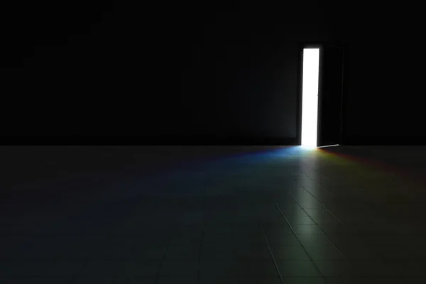 Açık kapı içinde parlayan parlak gökkuşağı ışık ile karanlık oda için. Ba