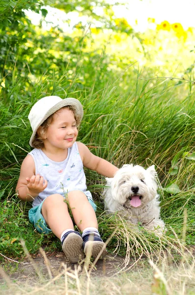 小さな男の子と犬が草の中に座って — ストック写真