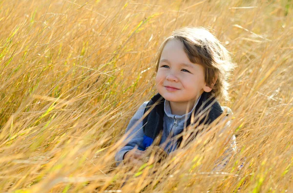 Kleine Jongen Zittend Herfst Veld — Stockfoto