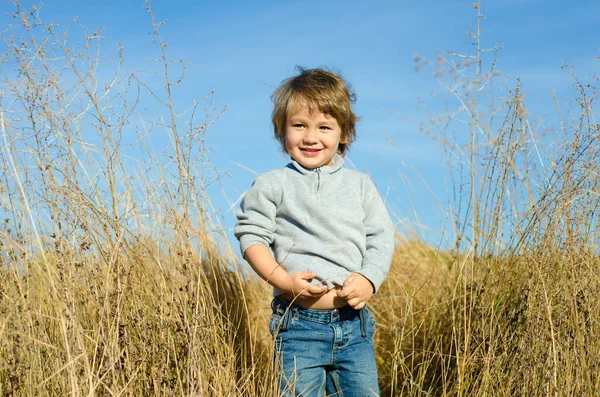 Petit Garçon Souriant Sur Champ Rural — Photo