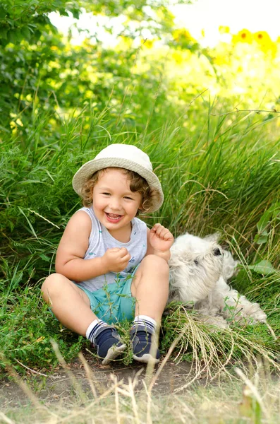 Kleine Jongen Hond Zittend Het Gras — Stockfoto