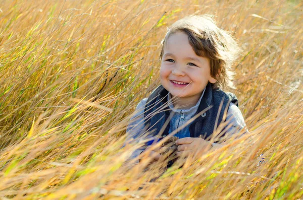 Kleine Jongen Zittend Herfst Veld — Stockfoto