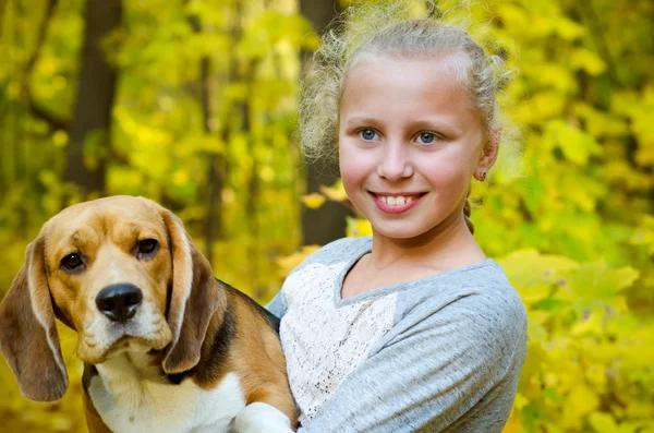 Girl with beagle — Stock Photo, Image