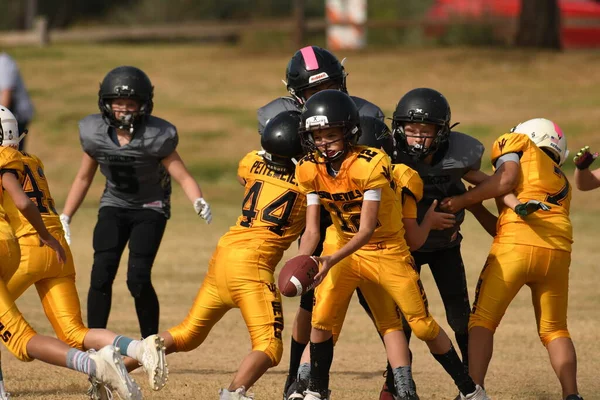 Kinderen Spelen Pop Warner Een Lokale Competitie Leren Vaardigheden Het — Stockfoto