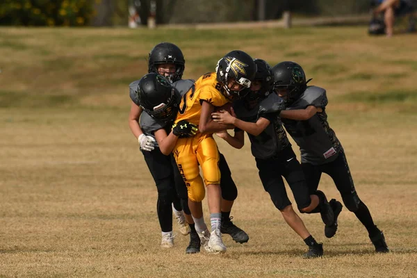 地元のリーグでポップ ワーナーをプレイし サッカーコーチのガイドの下でスキルを学び 遊ぶ子供たち — ストック写真