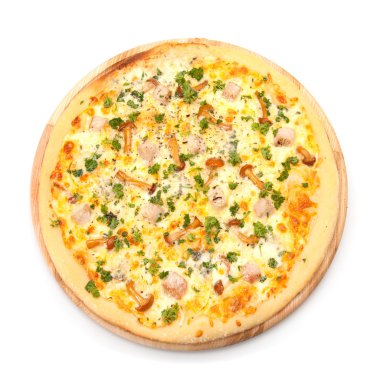 Tavuk ve mantar pizza. Üstten Görünüm