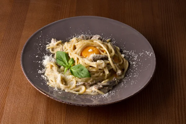 Pasta Carbonara on white plate — Stock Photo, Image