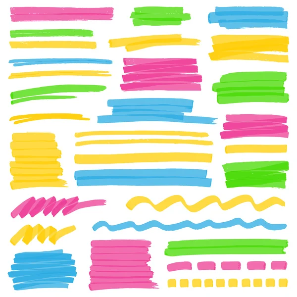 Highlighter Color Stripes, Strokes and Marking Design Elements — Stock Vector