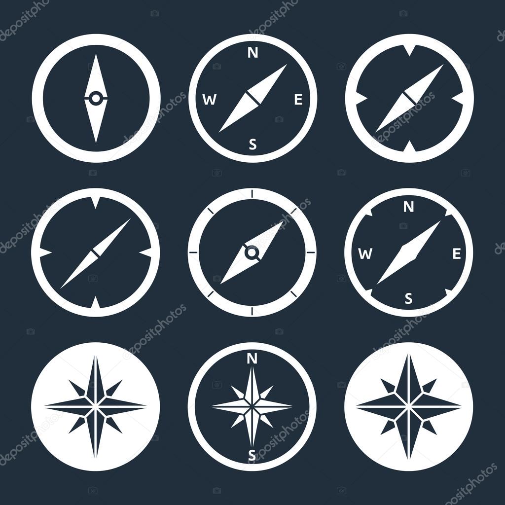 Compass and Windrose Flat Icons Set