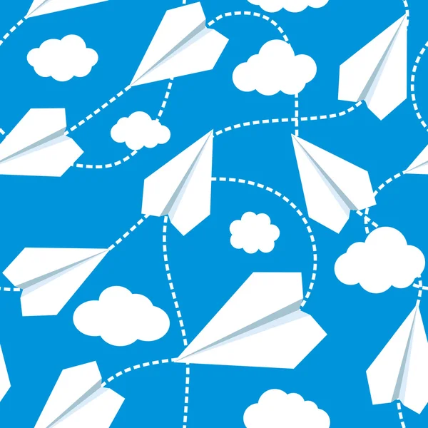 Aviões de papel em nuvens padrão sem costura —  Vetores de Stock