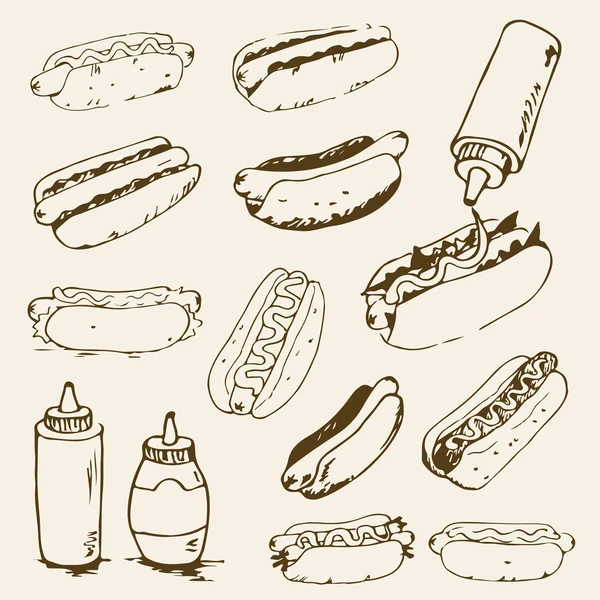 Hot Dog Drawn Set — стоковый вектор