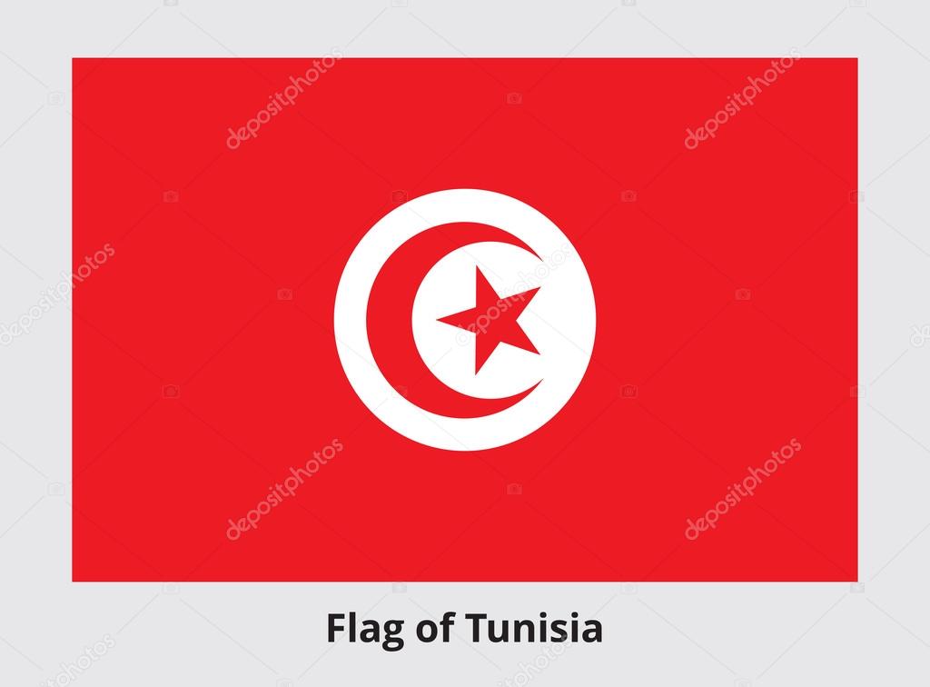 Flag of Tunisia. Rectangular banner with crescent surrounding five-pointed star in the center. Tunisian state symbol. Proper colors and proportions. Vector eps8 illustration.