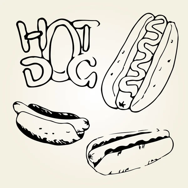 Hot Dogs illustrations dessinées à la main — Image vectorielle