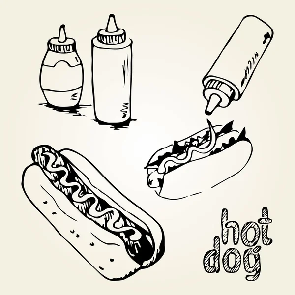 Hot Dog handgezeichnete Illustrationen — Stockvektor