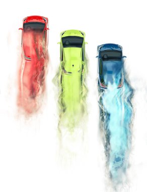 Kompakt otomobil - duman yollar - Üstten Görünüm