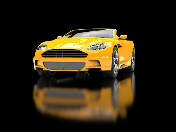 Giallo auto sportiva convertibile su sfondo nero riflettente — Foto Stock