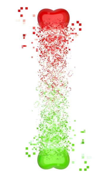 赤と緑の心ピクセル爆発 — ストック写真