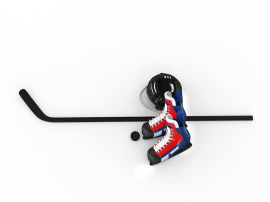 Hockey equipment - blue and red skates with black helmet  clipart
