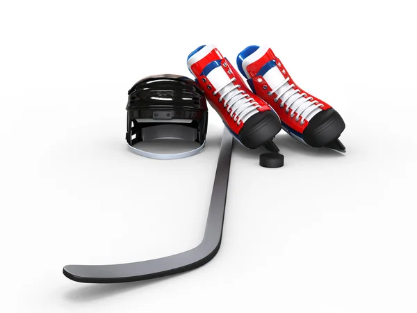 Equipo de hockey - patines azules y rojos con casco negro — Foto de Stock