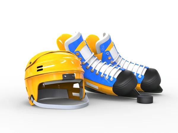 Gul hockey hjälm, blå och gul blå hockeyskridskor — Stockfoto
