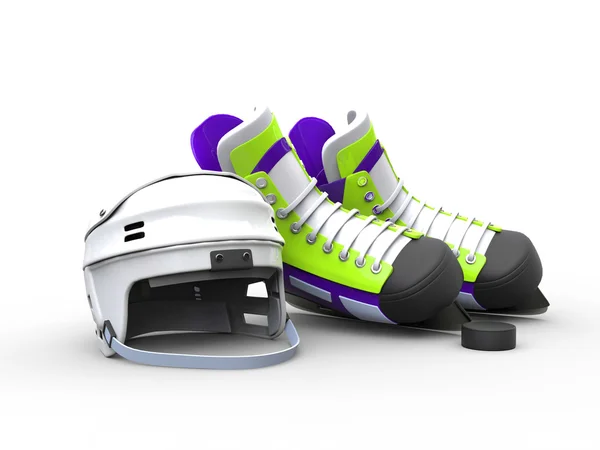 Pattini da hockey viola verdi con casco da hockey bianco — Foto Stock