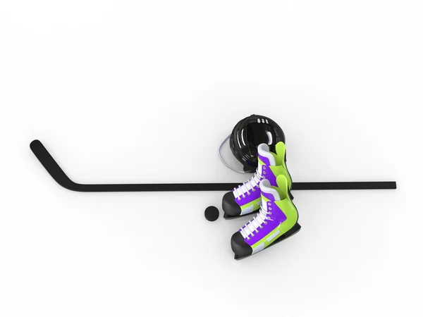 Hockey apparatuur - groene paarse schaatsen met zwarte helm - bovenaanzicht — Stockfoto
