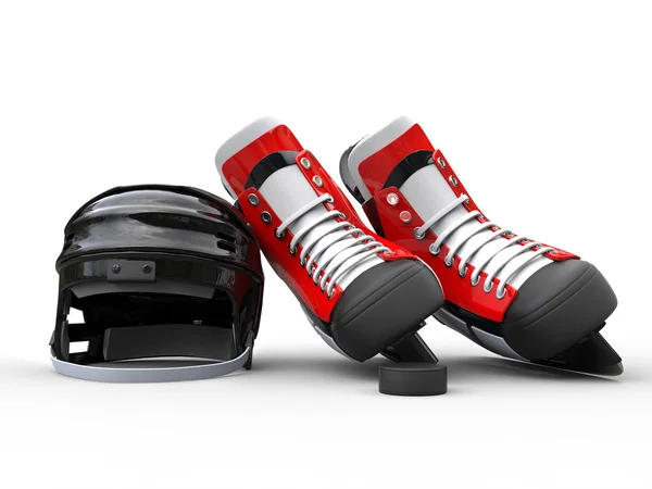 Casque de hockey noir avec patins de hockey rouges — Photo