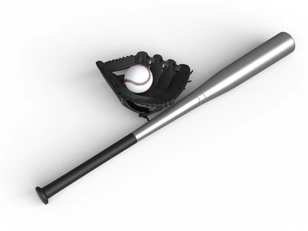 Бейсбольне обладнання - чорна рукавичка - металева кажана — стокове фото