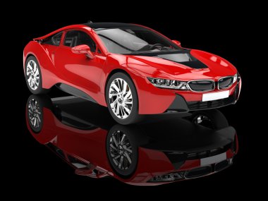 Modern red sports car - isolated on black reflective background. clipart