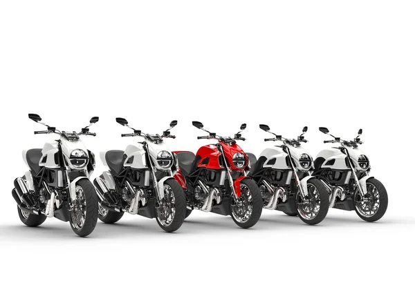 Κόκκινο σπορ μοτοσυκλέτα ξεχωρίζει amongs το λευκό μοτοσικλέτες — Φωτογραφία Αρχείου