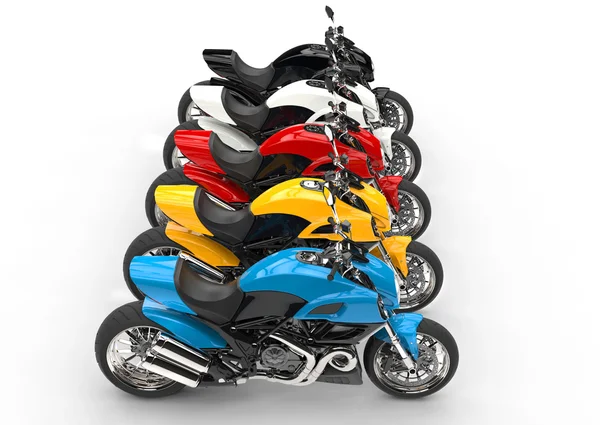 Спортивные мотоциклы подряд - вид сверху — стоковое фото