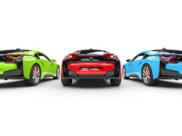 Červené, zelené a modré sportovní vozy - pohled zezadu — Stock fotografie