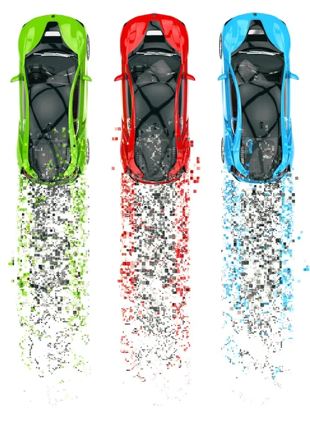Зеленый, красный и синий спортивные автомобили - пиксельные тропы — стоковое фото
