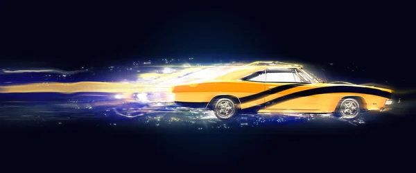 Vintage yellow muscle car with black stripes — Stock Photo, Image