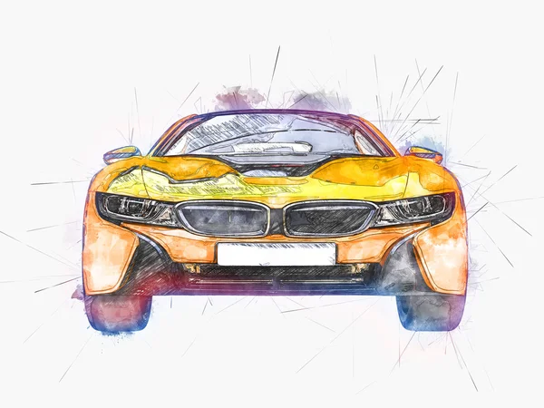 미래의 노란색 스포츠 자동차-물 색깔과 잉크 디지털 그림 — 스톡 사진
