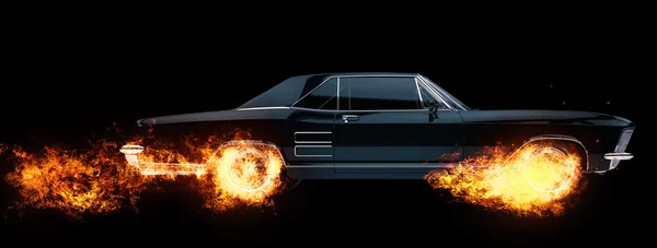Ruedas de coches de músculo americano clásico en llamas - Ilustración 3D —  Fotos de Stock